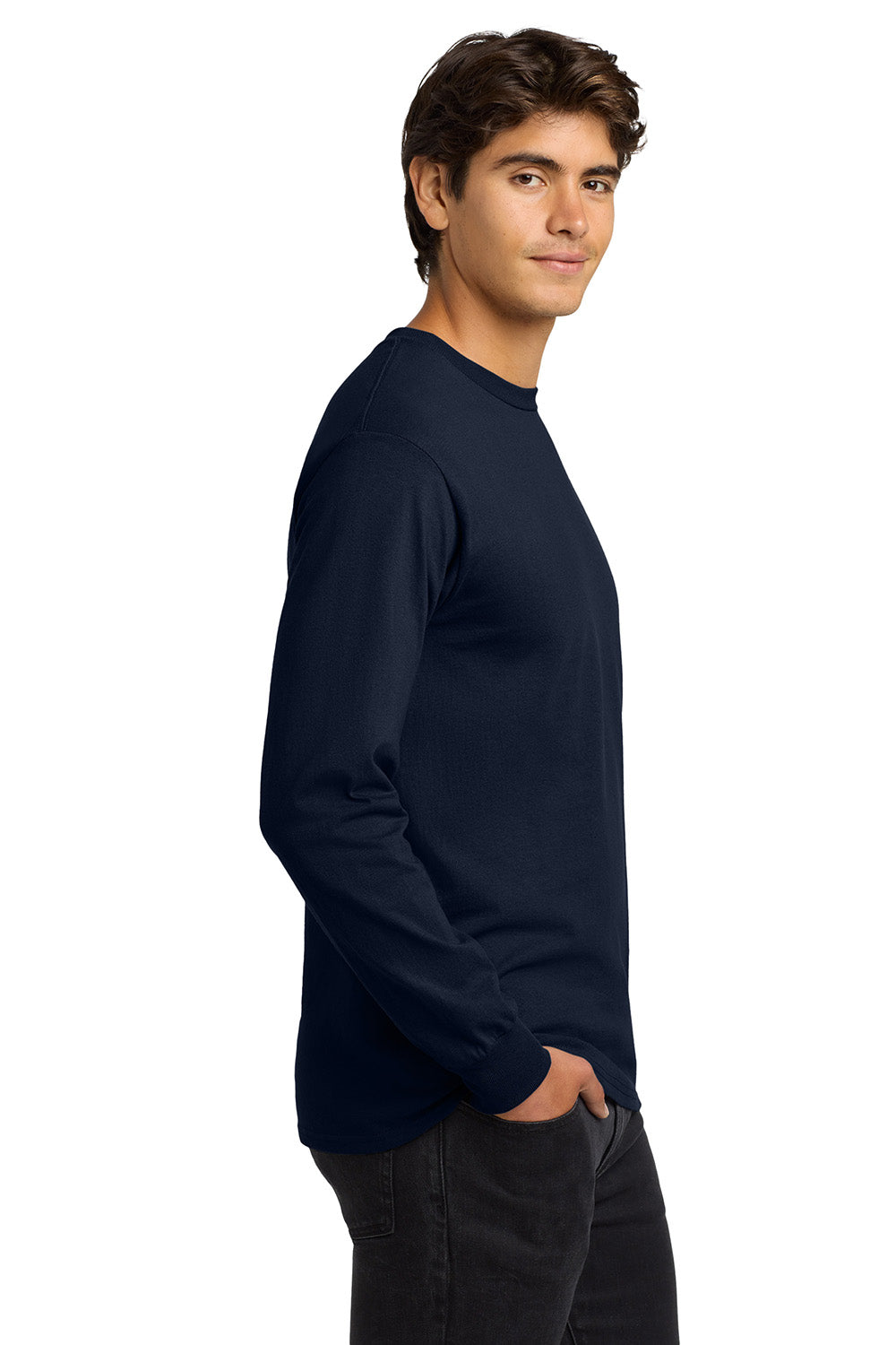 Gildan G2400/G240/2400 Mens Ultra Long Sleeve Crewneck T-Shirt Navy Blue Model Side