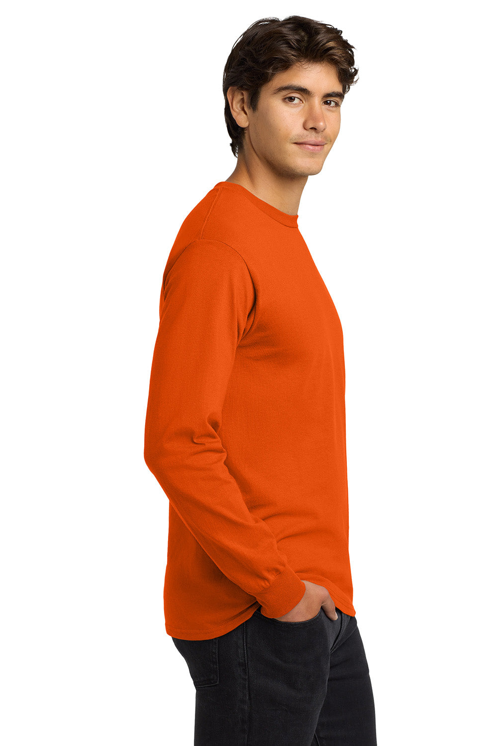 Gildan G2400/G240/2400 Mens Ultra Long Sleeve Crewneck T-Shirt Orange Model Side