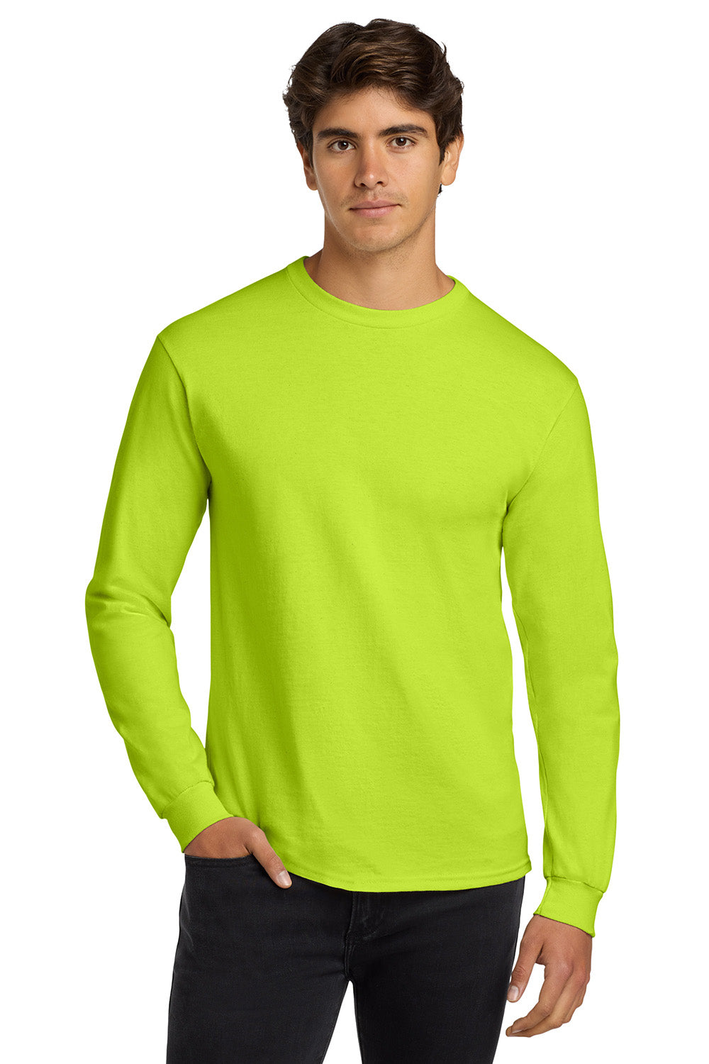 Gildan G2400/G240/2400 Mens Ultra Long Sleeve Crewneck T-Shirt Safety Green Model Front