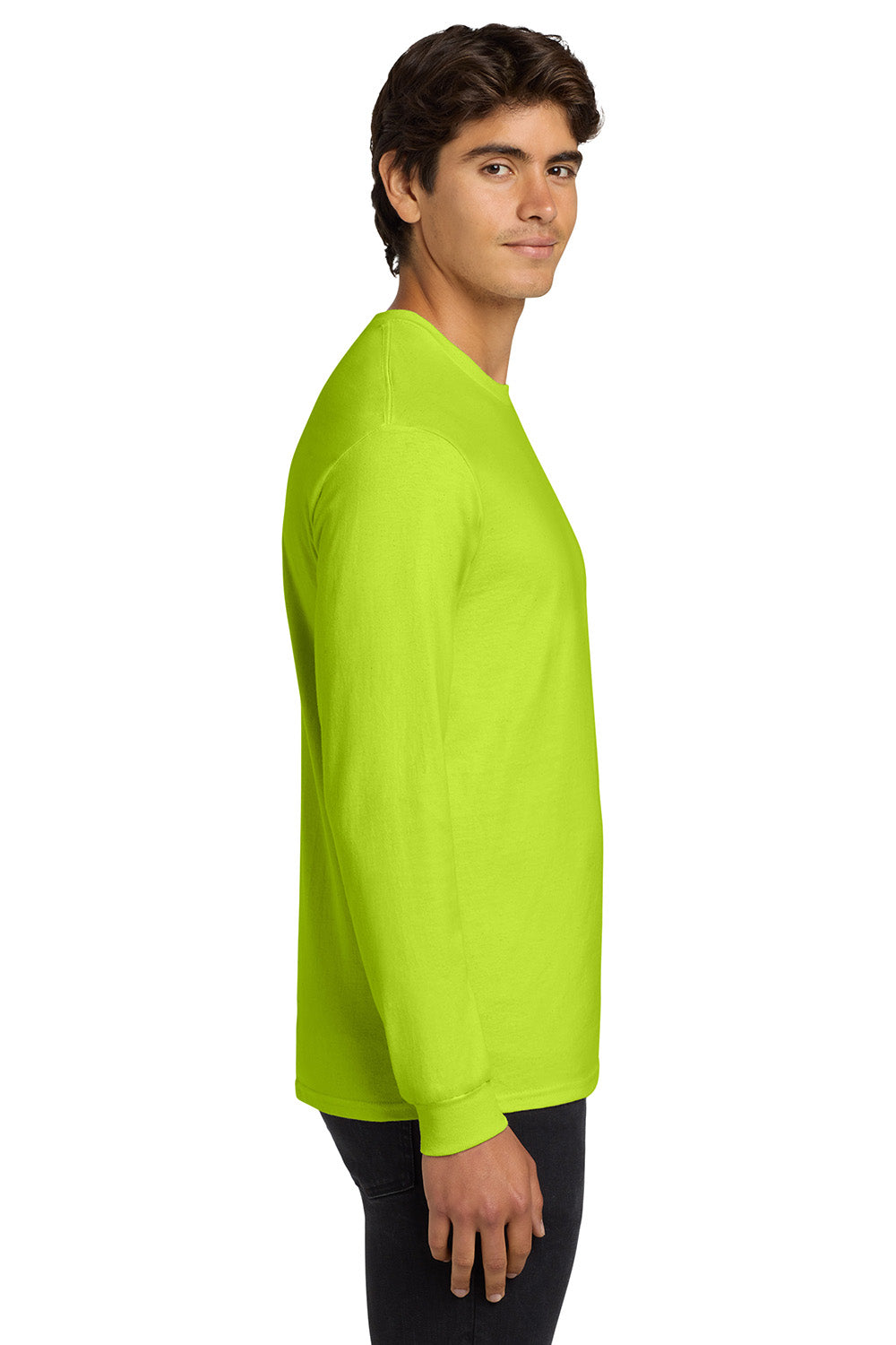 Gildan G2400/G240/2400 Mens Ultra Long Sleeve Crewneck T-Shirt Safety Green Model Side