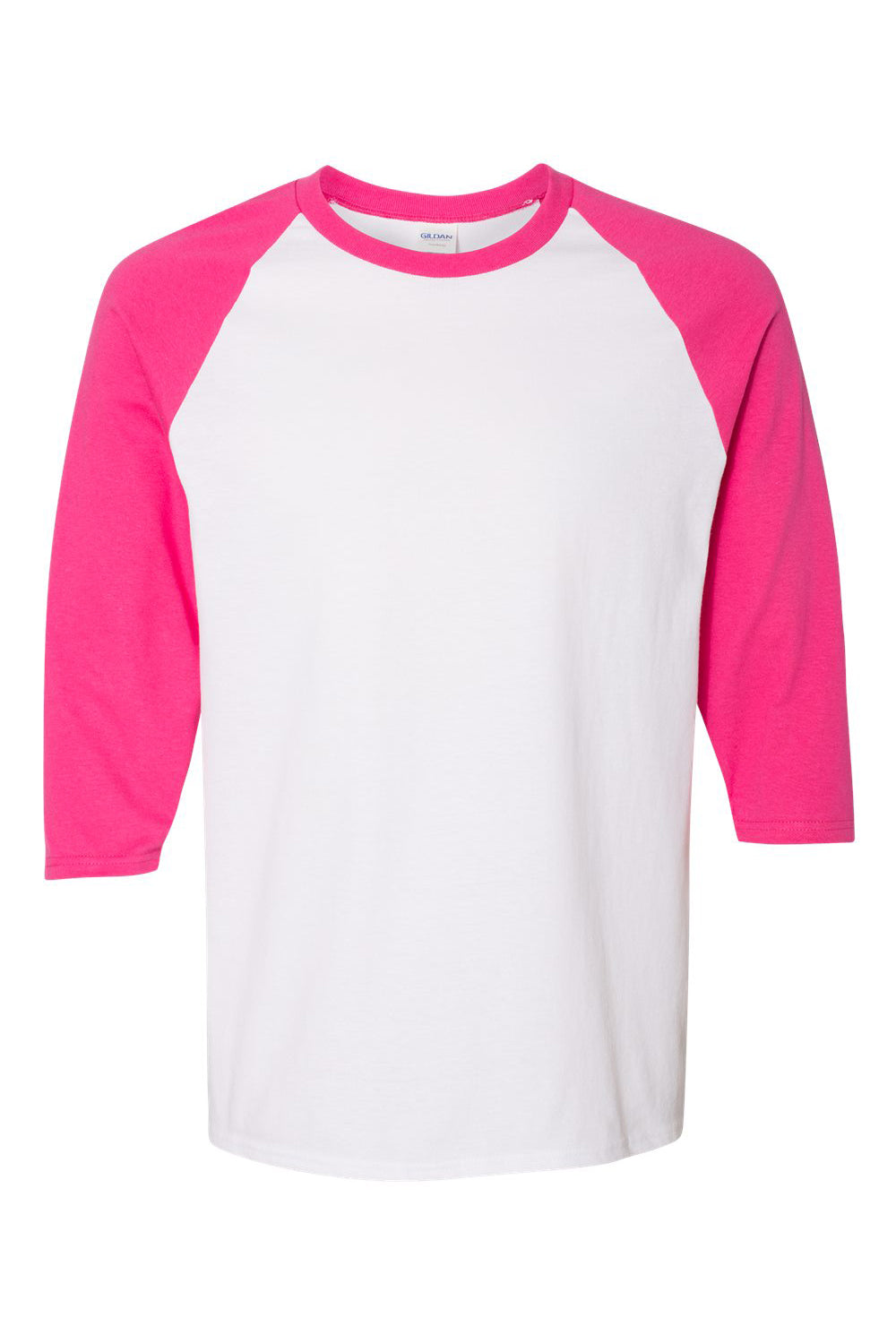 Gildan 5700/G570 Mens 3/4 Sleeve Crewneck T-Shirt White/Heliconia Pink Flat Front