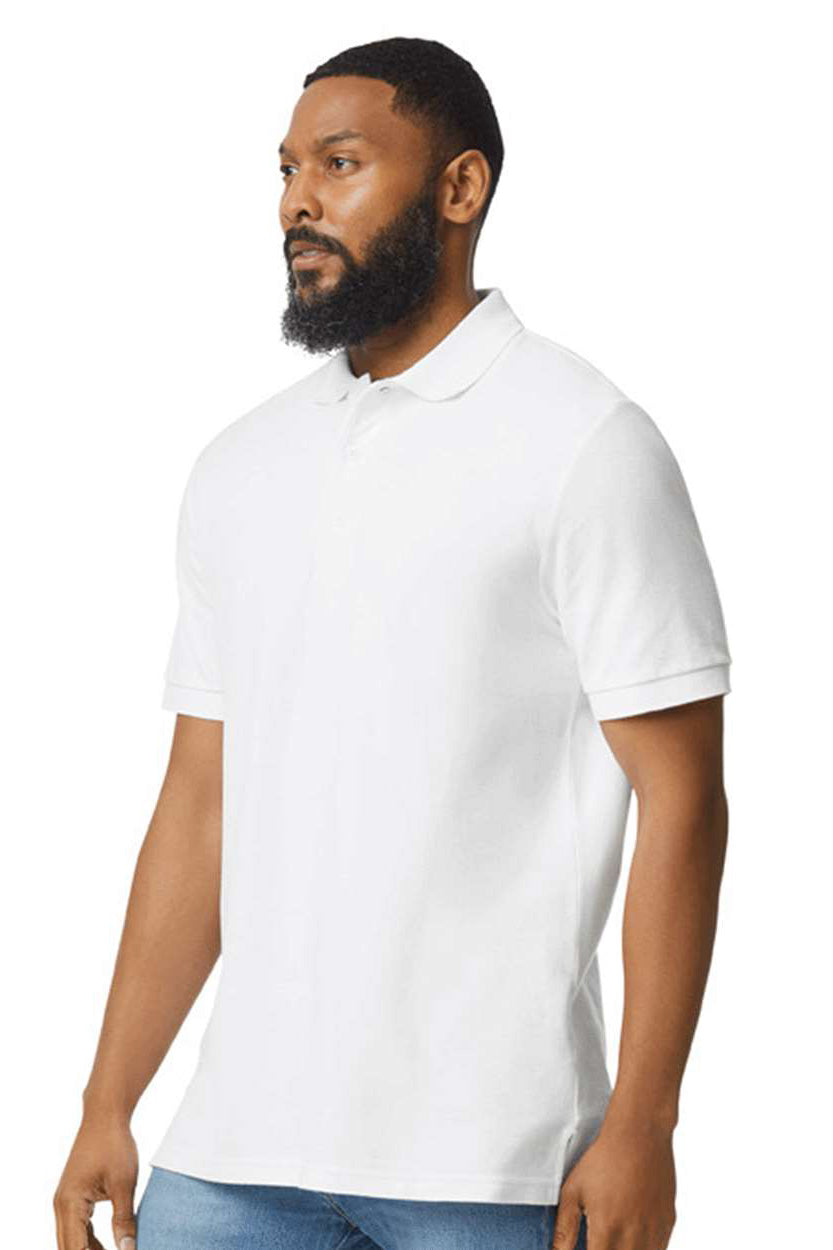 Gildan G858 Mens Double Pique Short Sleeve Polo Shirt White Model Side