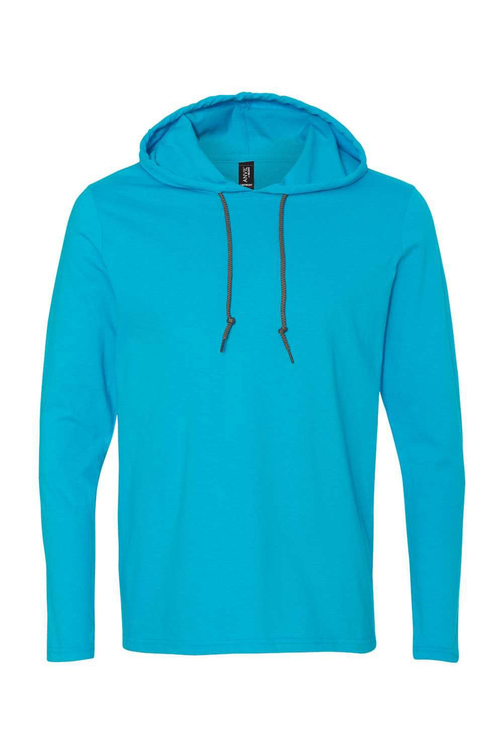 Gildan 987/987AN Mens Long Sleeve Hooded T-Shirt Hoodie Caribbean Blue/Dark Grey Flat Front