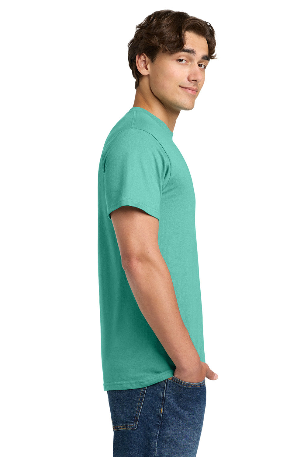 Gildan H000 Mens Hammer Short Sleeve Crewneck T-Shirt Chalky Mint Blue Model Side