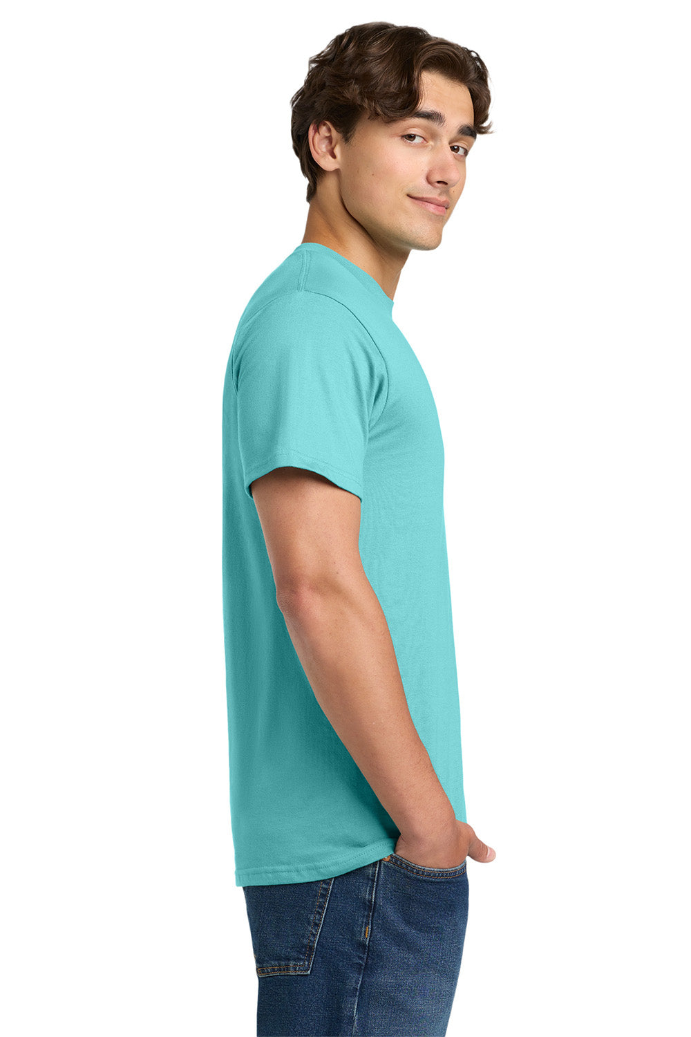 Gildan H000 Mens Hammer Short Sleeve Crewneck T-Shirt Lagoon Blue Model Side