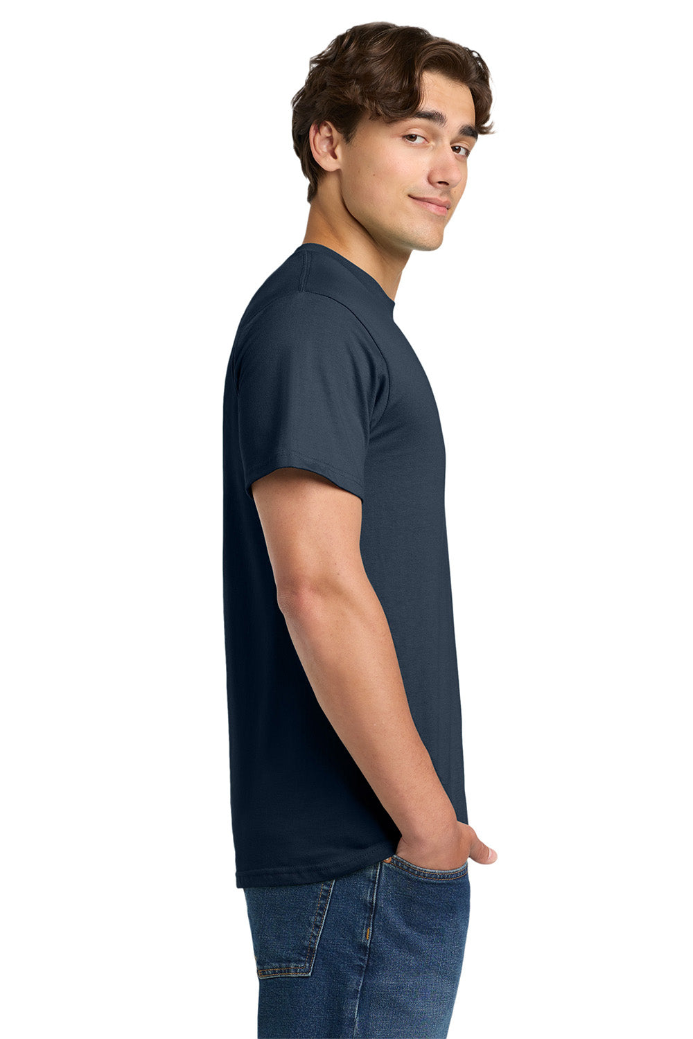 Gildan H000 Mens Hammer Short Sleeve Crewneck T-Shirt Sport Dark Navy Blue Model Side