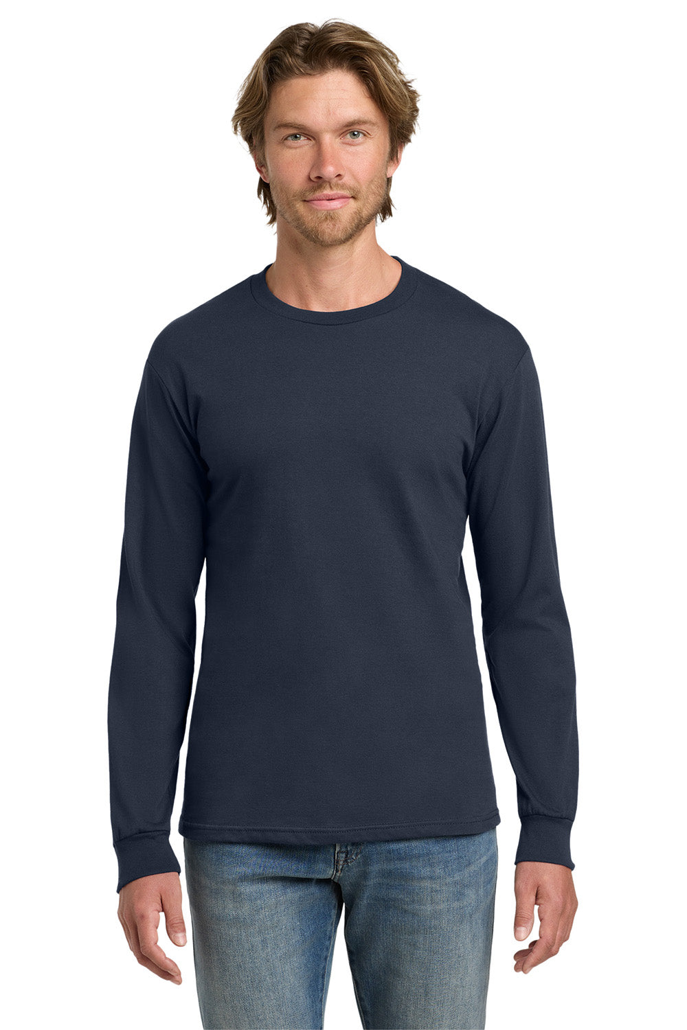 Gildan H400 Mens Hammer Long Sleeve Crewneck T-Shirt Sport Dark Navy Blue Model Front