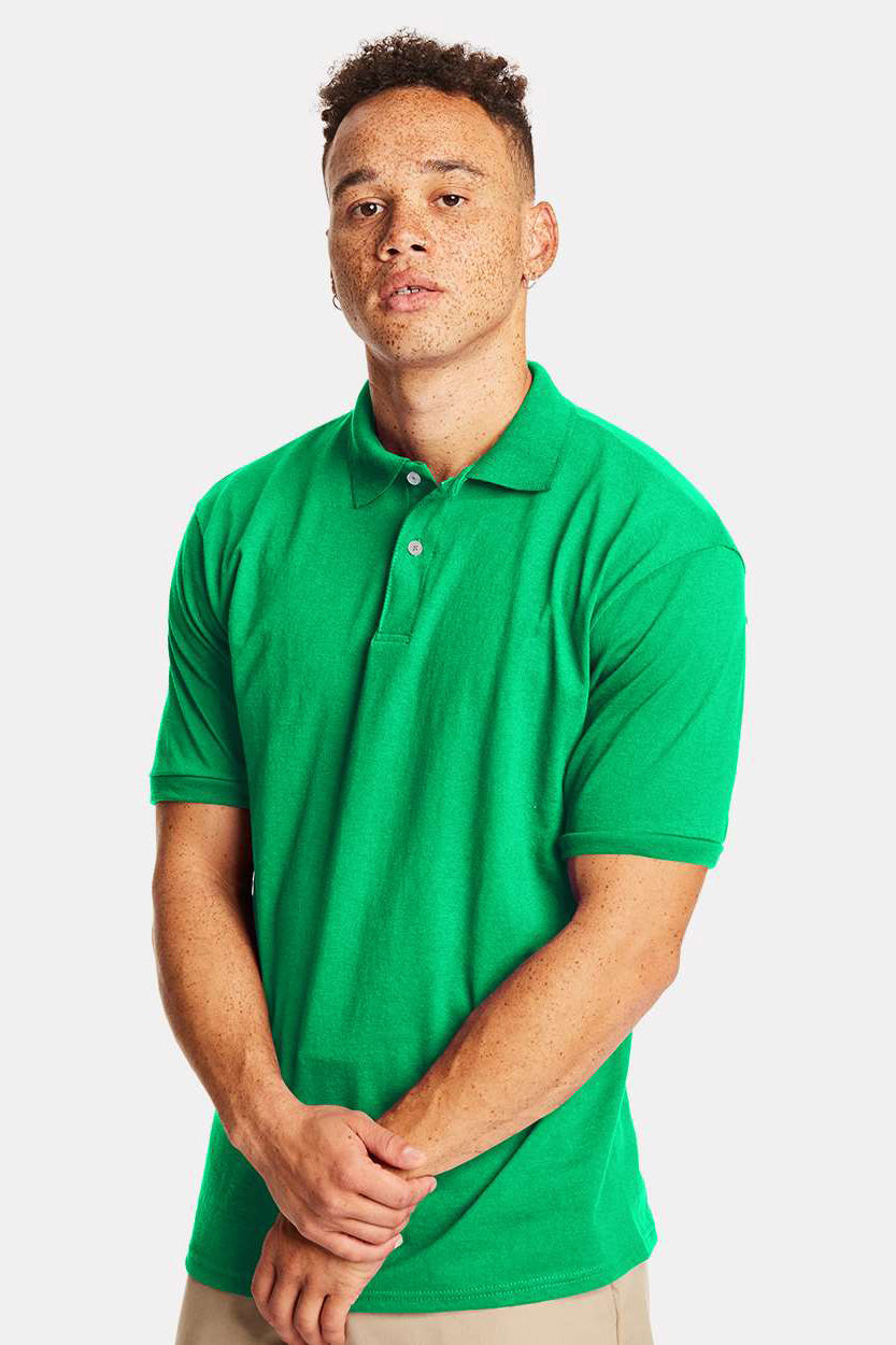 Hanes 054X/054 Mens EcoSmart Short Sleeve Polo Shirt Kelly Green Model Front