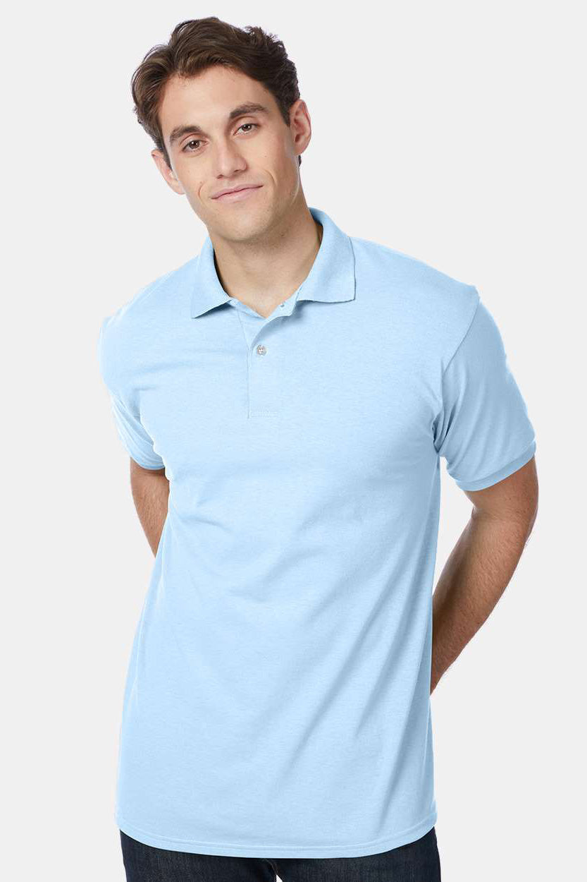 Hanes 054X/054 Mens EcoSmart Short Sleeve Polo Shirt Light Blue Model Front