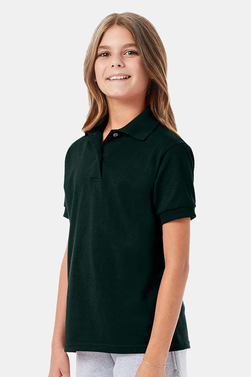 Hanes 054Y Youth EcoSmart Short Sleeve Polo Shirt Deep Forest Green Model Side