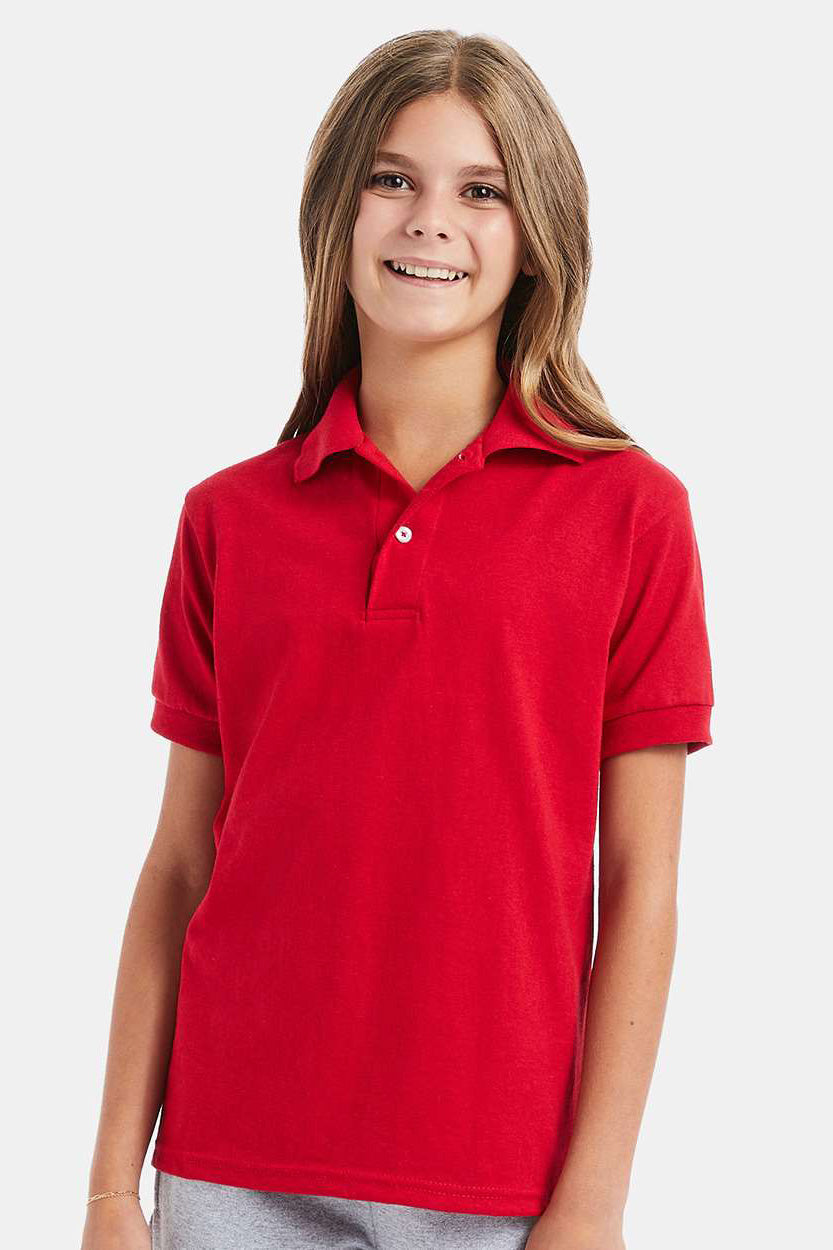 Hanes 054Y Youth EcoSmart Short Sleeve Polo Shirt Deep Red Model Front