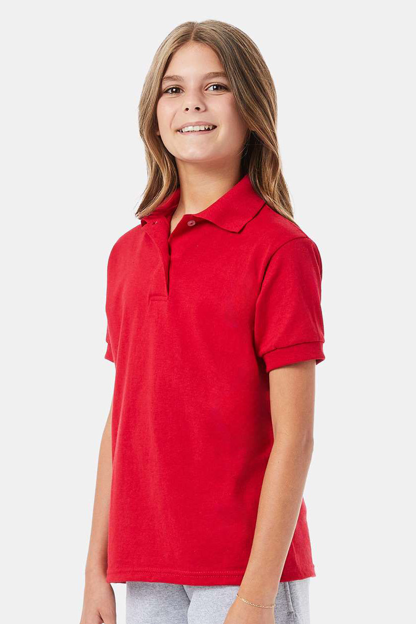 Hanes 054Y Youth EcoSmart Short Sleeve Polo Shirt Deep Red Model Side