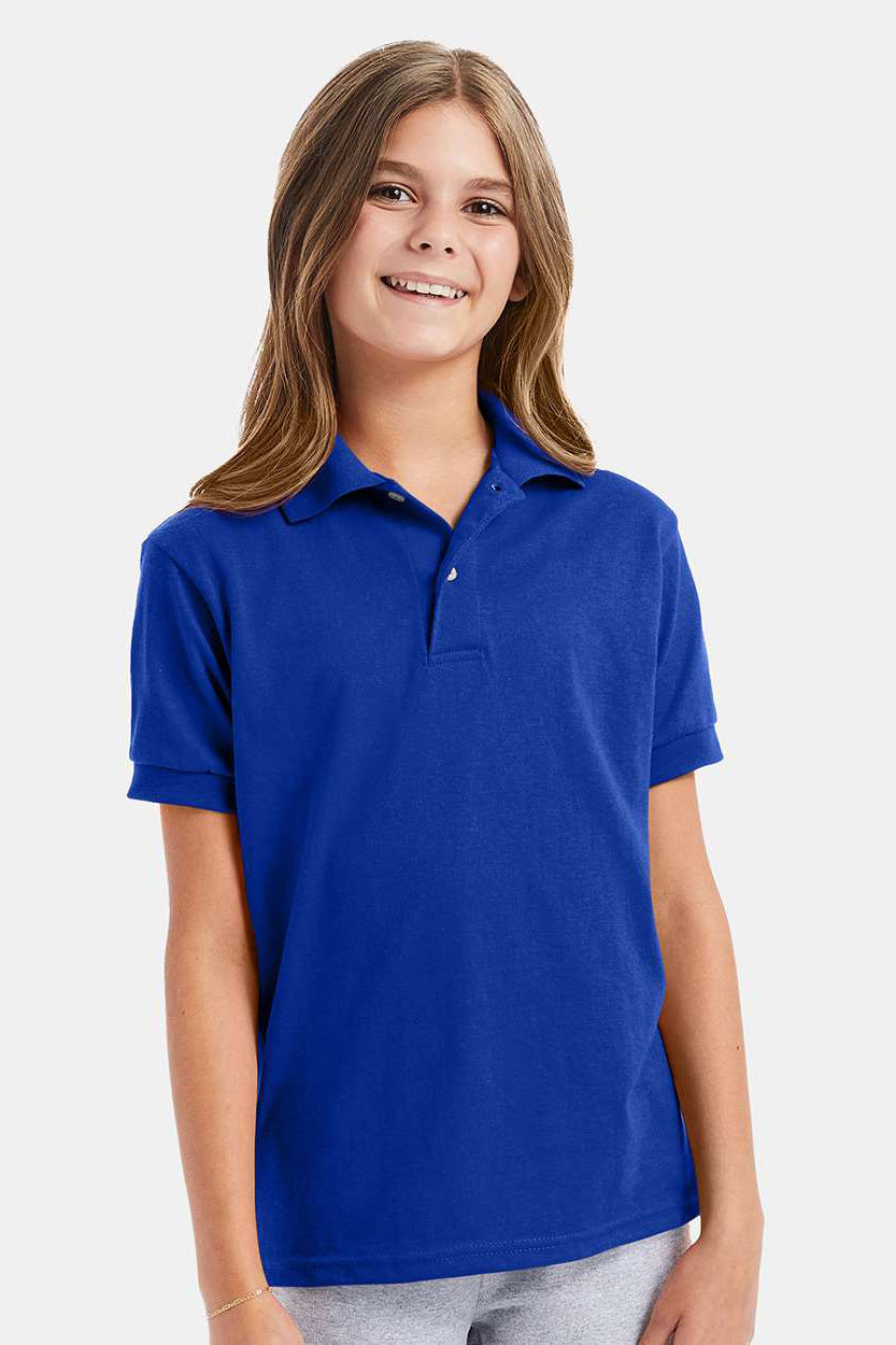 Hanes 054Y Youth EcoSmart Short Sleeve Polo Shirt Deep Royal Blue Model Front