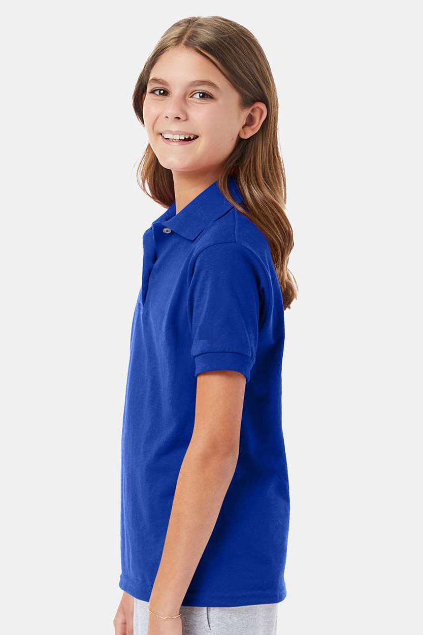 Hanes 054Y Youth EcoSmart Short Sleeve Polo Shirt Deep Royal Blue Model Side