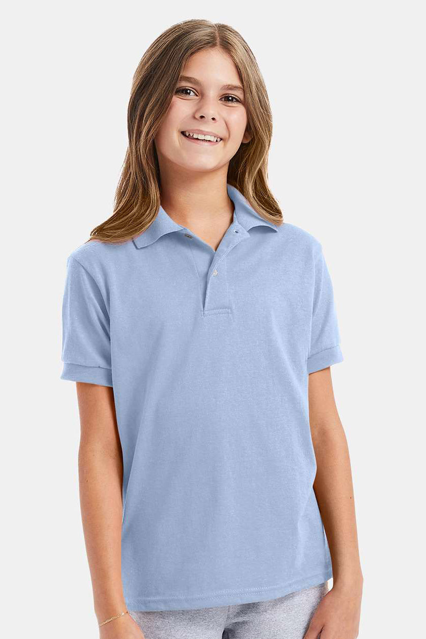 Hanes 054Y Youth EcoSmart Short Sleeve Polo Shirt Light Blue Model Front