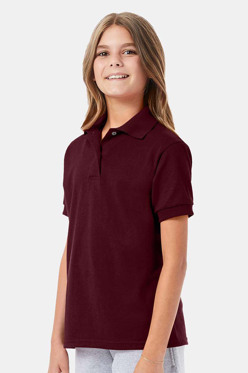 Hanes 054Y Youth EcoSmart Short Sleeve Polo Shirt Maroon Model Side