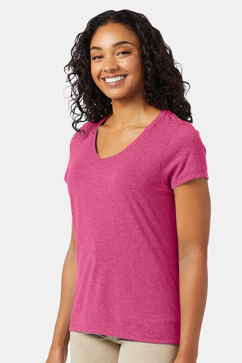 Hanes 42VT Womens X-Temp FreshIQ Moisture Wicking Short Sleeve V-Neck T-Shirt Jazzberry Pink Model Side