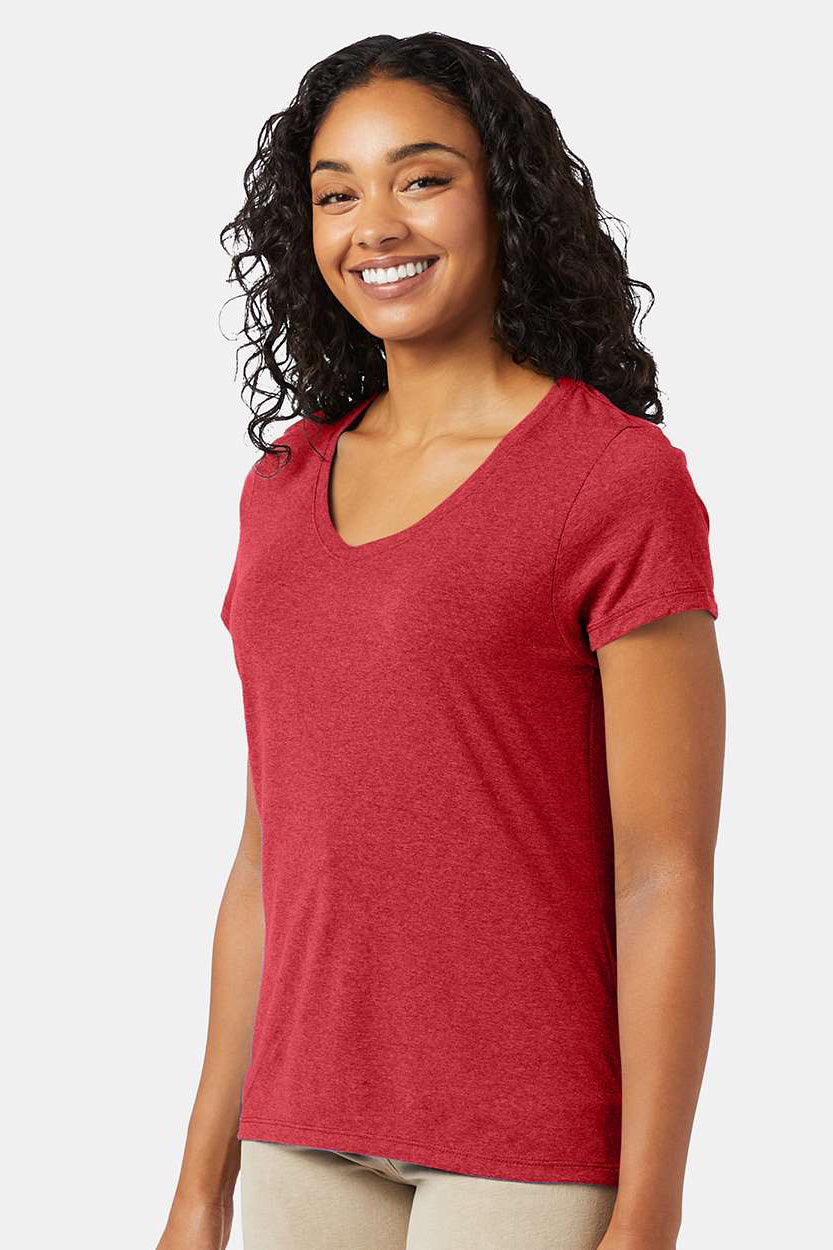 Hanes 42VT Womens X-Temp FreshIQ Moisture Wicking Short Sleeve V-Neck T-Shirt Red Model Side