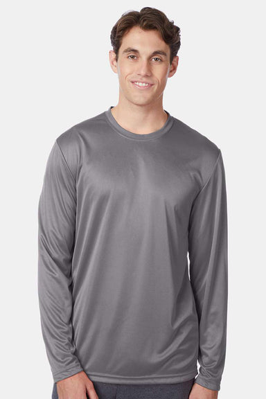 Hanes 482L Mens Cool DRI FreshIQ Moisture Wicking Long Sleeve Crewneck T-Shirt Graphite Grey Model Front