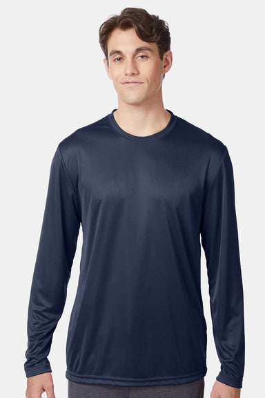 Hanes 482L Mens Cool DRI FreshIQ Moisture Wicking Long Sleeve Crewneck T-Shirt Navy Blue Model Front