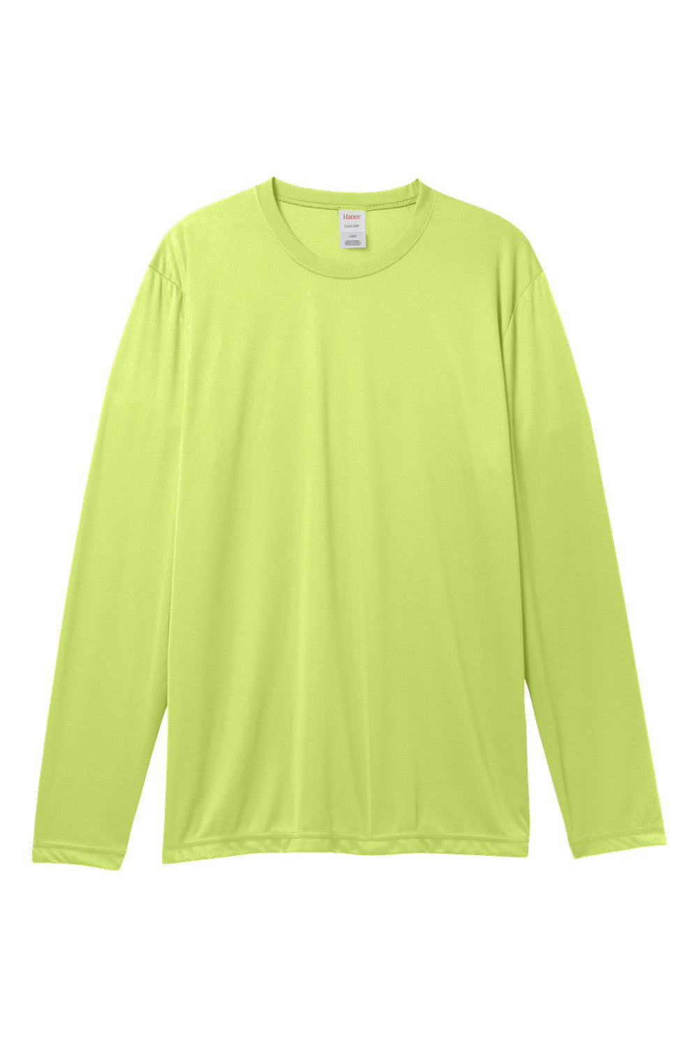 Hanes 482L Mens Cool DRI FreshIQ Moisture Wicking Long Sleeve Crewneck T-Shirt Safety Green Flat Front