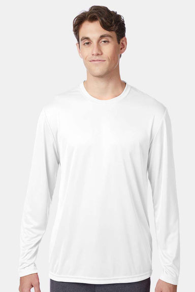 Hanes 482L Mens Cool DRI FreshIQ Moisture Wicking Long Sleeve Crewneck T-Shirt White Model Front