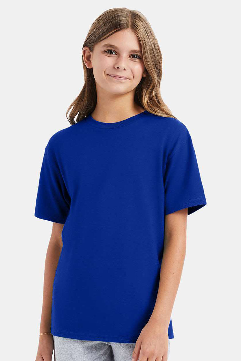 Hanes 498Y Youth Nano-T Short Sleeve Crewneck T-Shirt Deep Royal Blue Model Front