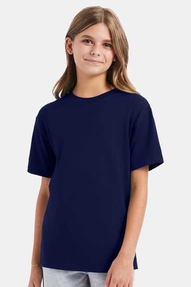 Hanes 498Y Youth Nano-T Short Sleeve Crewneck T-Shirt Navy Blue Model Front