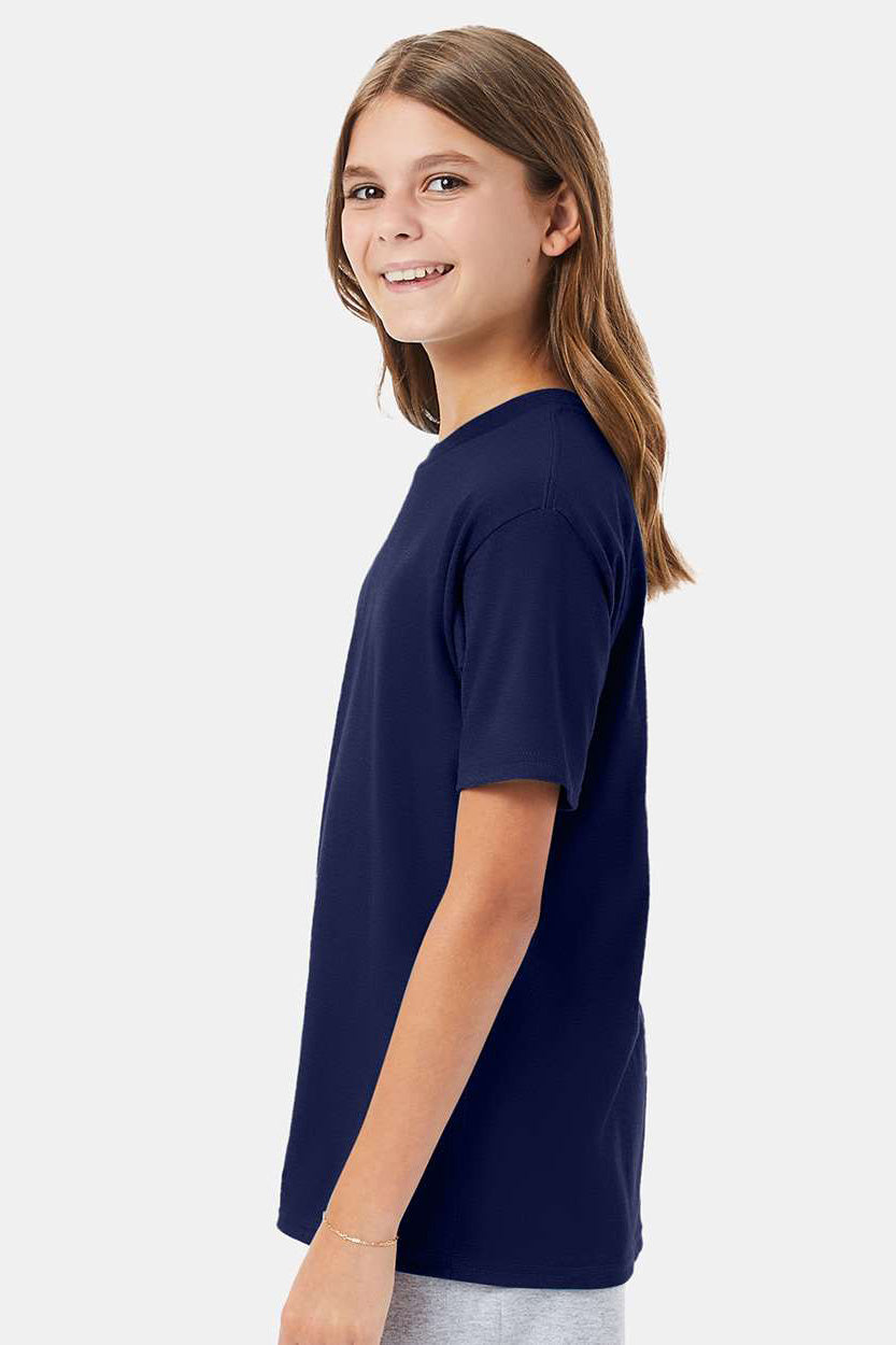 Hanes 498Y Youth Nano-T Short Sleeve Crewneck T-Shirt Navy Blue Model Side