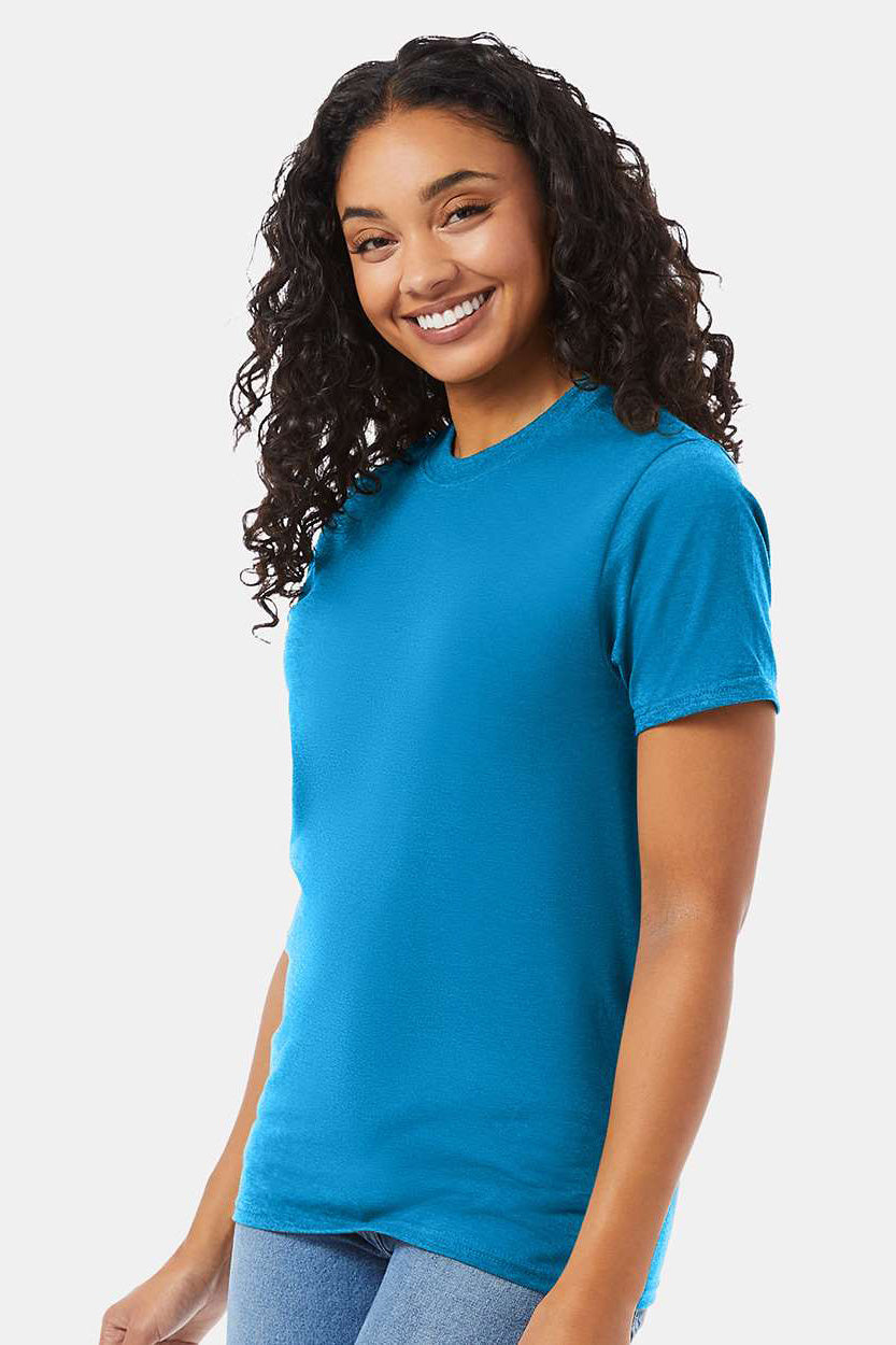 Hanes 5180/518T Mens Beefy-T Short Sleeve Crewneck T-Shirt Teal Blue Model Side