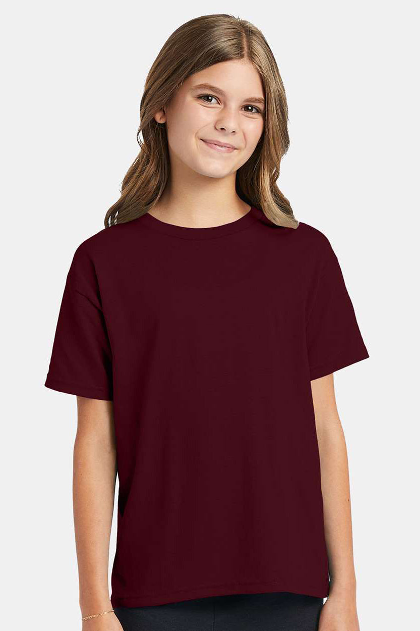 Hanes 5370 Youth EcoSmart Short Sleeve Crewneck T-Shirt Maroon Model Front