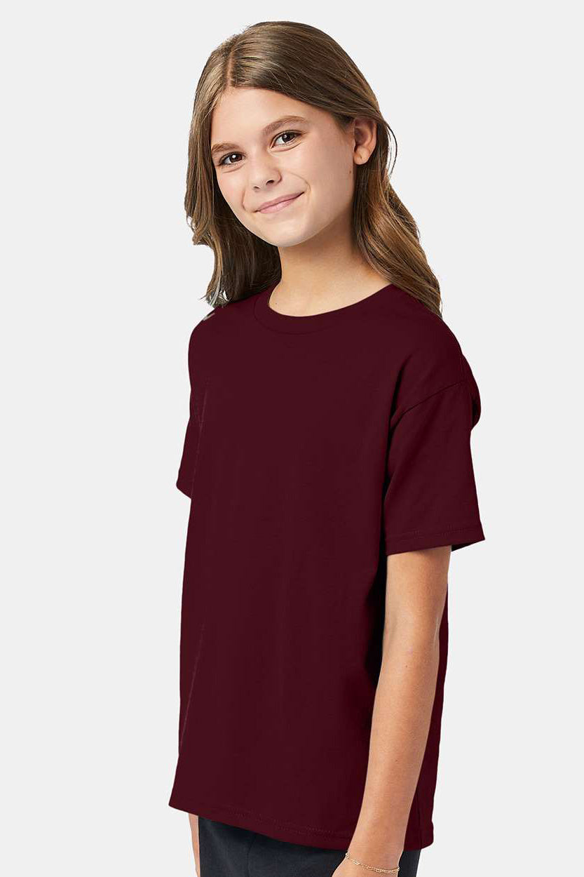 Hanes 5370 Youth EcoSmart Short Sleeve Crewneck T-Shirt Maroon Model Side