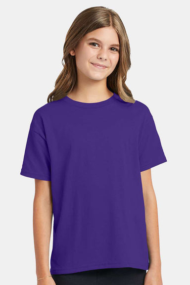 Hanes 5370 Youth EcoSmart Short Sleeve Crewneck T-Shirt Purple Model Front