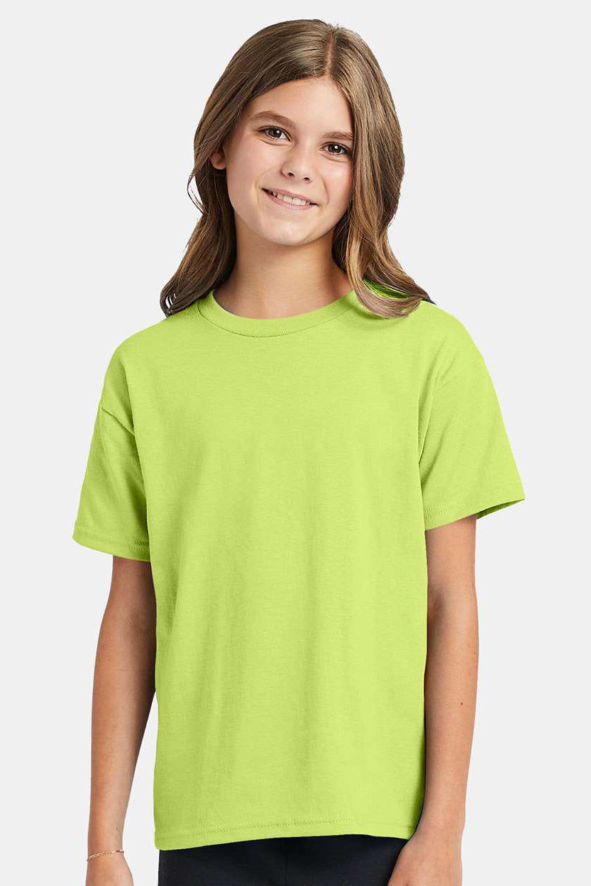 Hanes 5370 Youth EcoSmart Short Sleeve Crewneck T-Shirt Safety Green Model Front