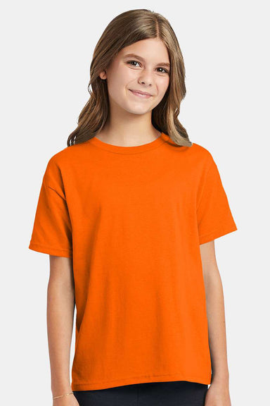 Hanes 5370 Youth EcoSmart Short Sleeve Crewneck T-Shirt Safety Orange Model Front