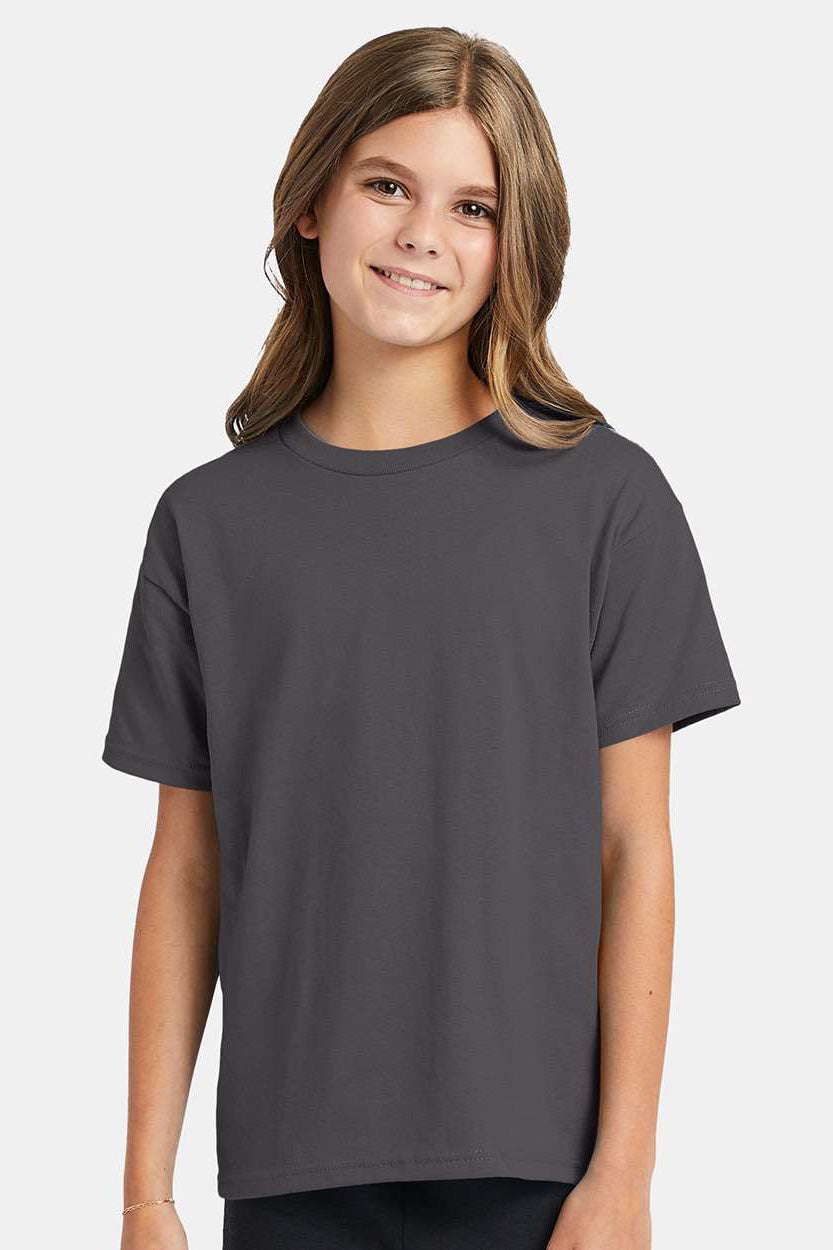 Hanes 5370 Youth EcoSmart Short Sleeve Crewneck T-Shirt Smoke Grey Model Front