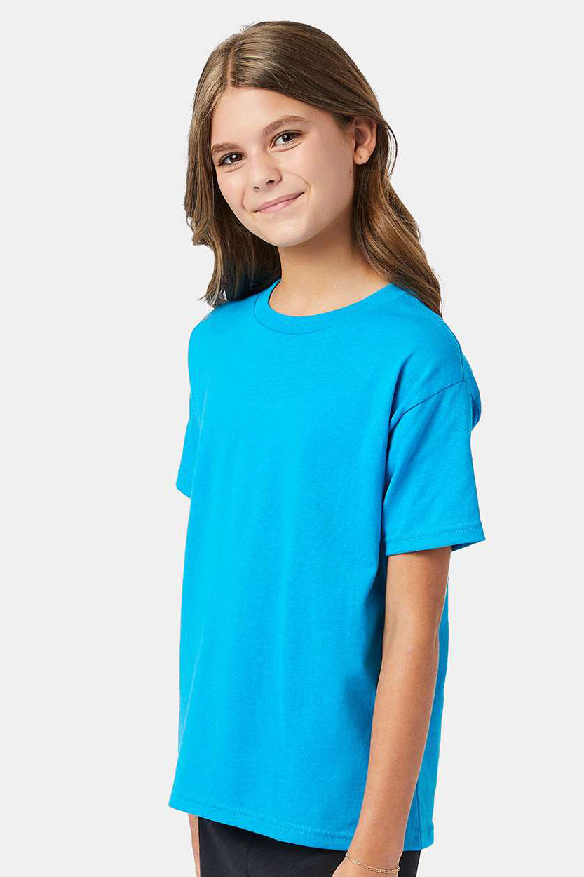 Hanes 5370 Youth EcoSmart Short Sleeve Crewneck T-Shirt Teal Blue Model Side