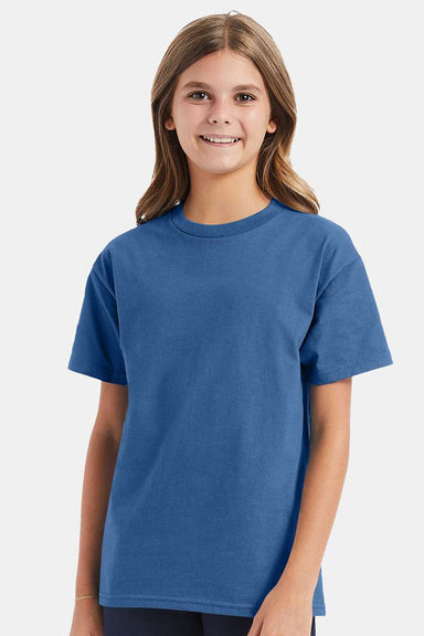 Hanes 5450/54500 Youth ComfortSoft Short Sleeve Crewneck T-Shirt Denim Blue Model Front