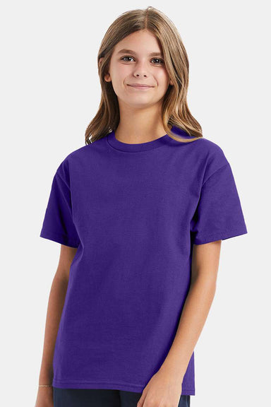 Hanes 5450/54500 Youth ComfortSoft Short Sleeve Crewneck T-Shirt Purple Model Front