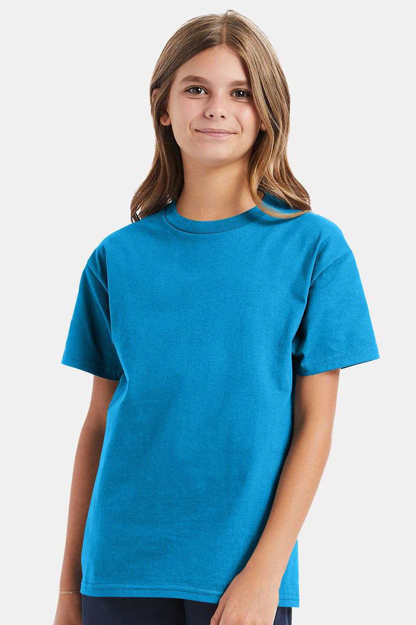 Hanes 5450/54500 Youth ComfortSoft Short Sleeve Crewneck T-Shirt Teal Blue Model Front