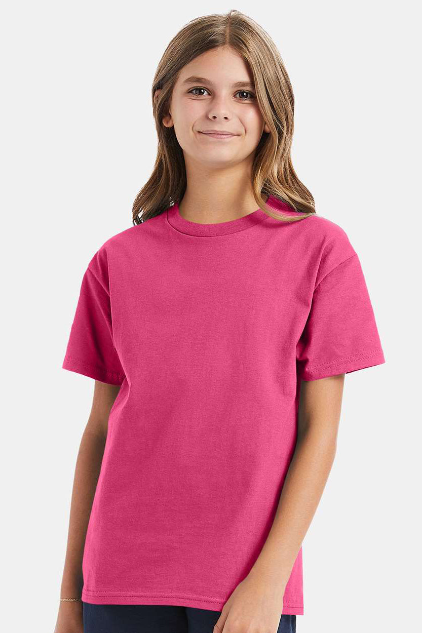 Hanes 5450/54500 Youth ComfortSoft Short Sleeve Crewneck T-Shirt Wow Pink Model Front