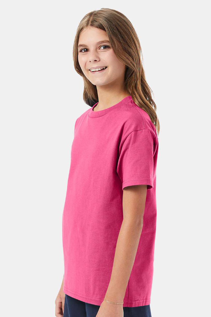 Hanes 5450/54500 Youth ComfortSoft Short Sleeve Crewneck T-Shirt Wow Pink Model Side