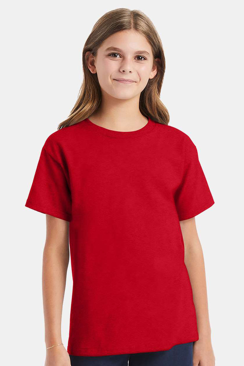 Hanes 5480 Youth ComfortSoft Short Sleeve Crewneck T-Shirt Athletic Red Model Front