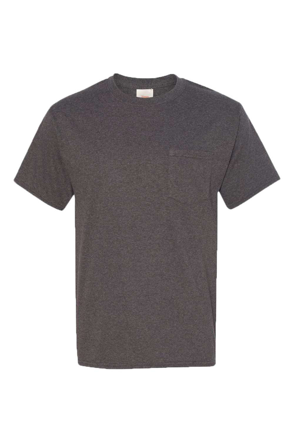 Hanes 5590/H5590 Mens ComfortSoft Short Sleeve Crewneck T-Shirt w/ Pocket Heather Charcoal Grey Flat Front