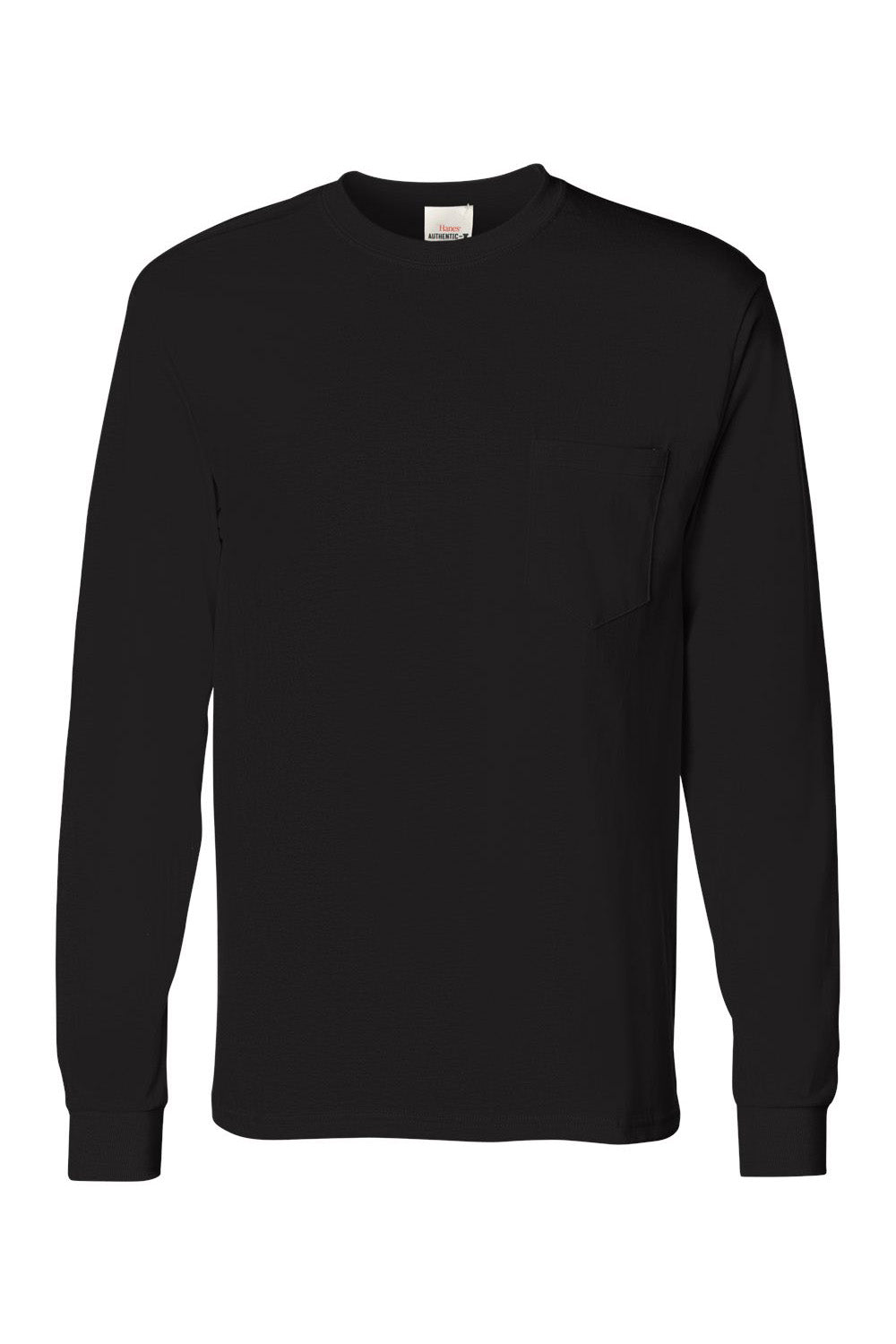 Hanes 5596 Mens ComfortSoft Long Sleeve Crewneck T-Shirt w/ Pocket Black Flat Front