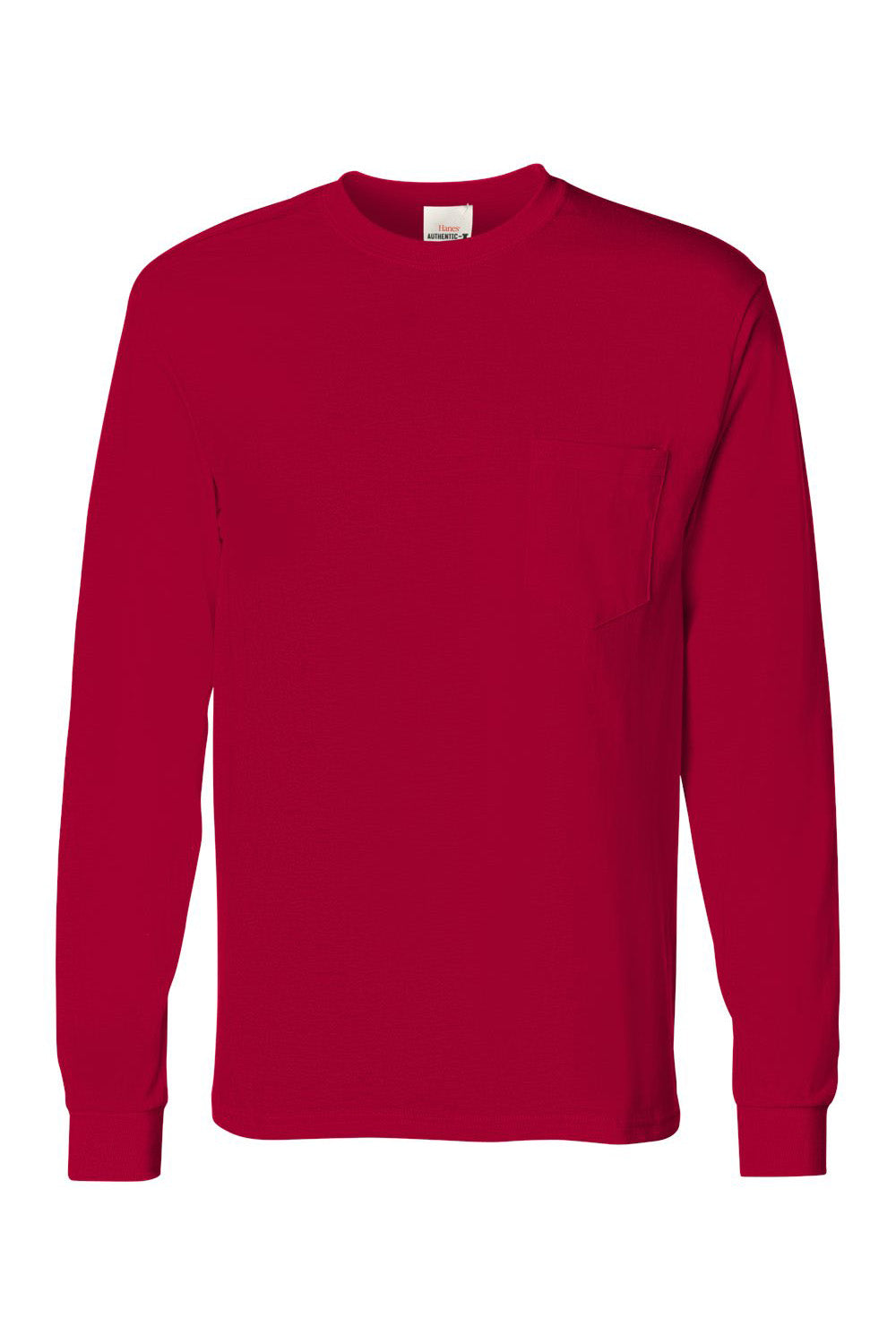 Hanes 5596 Mens ComfortSoft Long Sleeve Crewneck T-Shirt w/ Pocket Deep Red Flat Front