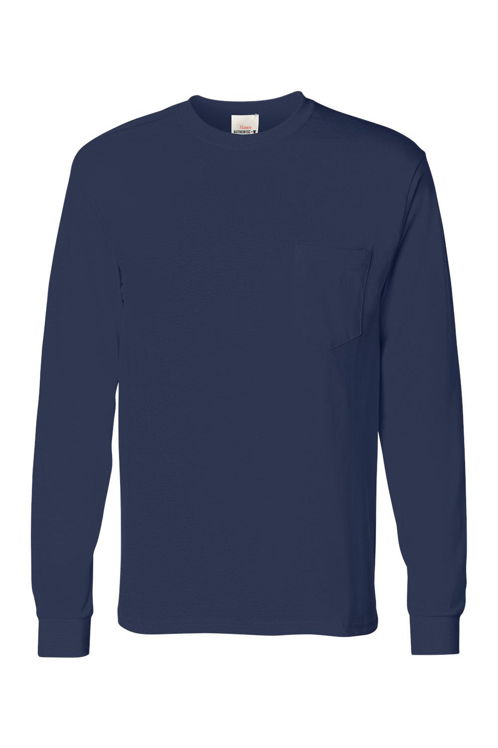 Hanes 5596 Mens ComfortSoft Long Sleeve Crewneck T-Shirt w/ Pocket Navy Blue Flat Front