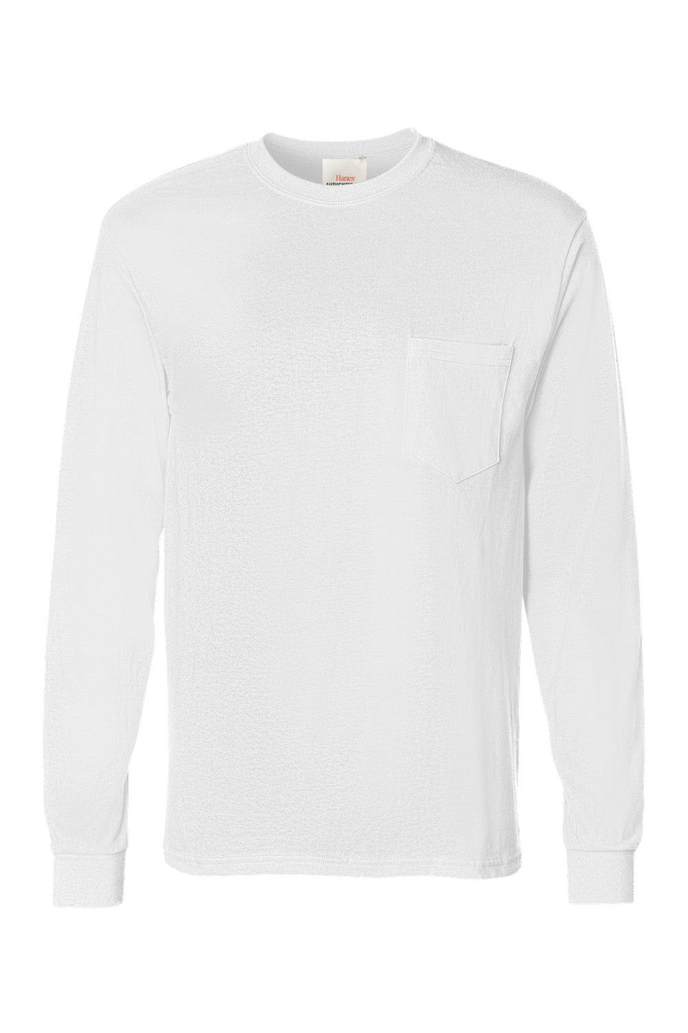 Hanes 5596 Mens ComfortSoft Long Sleeve Crewneck T-Shirt w/ Pocket White Flat Front