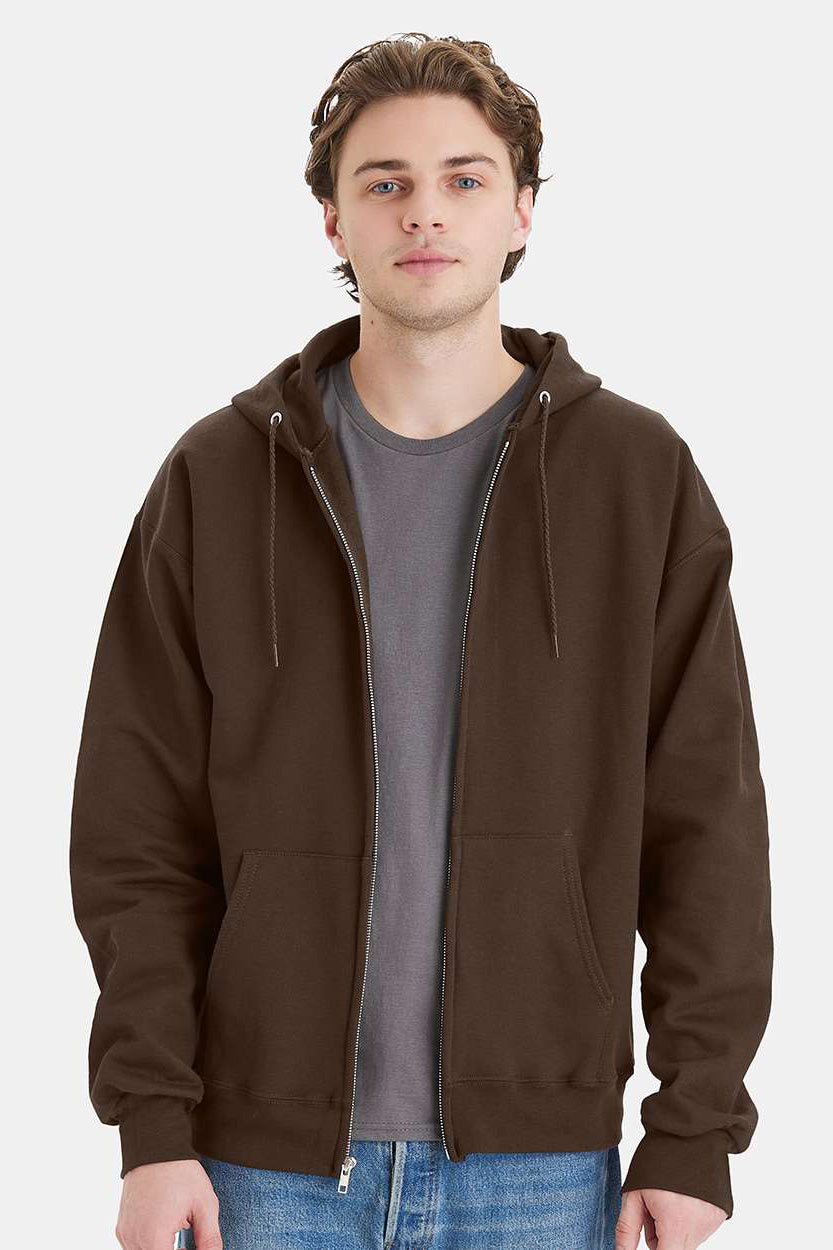 Hanes F283/F280 Mens Ultimate Cotton PrintPro XP Pill Resistant Full Zip Hooded Sweatshirt Hoodie w/ Pockets Dark Chocolate Brown Model Front