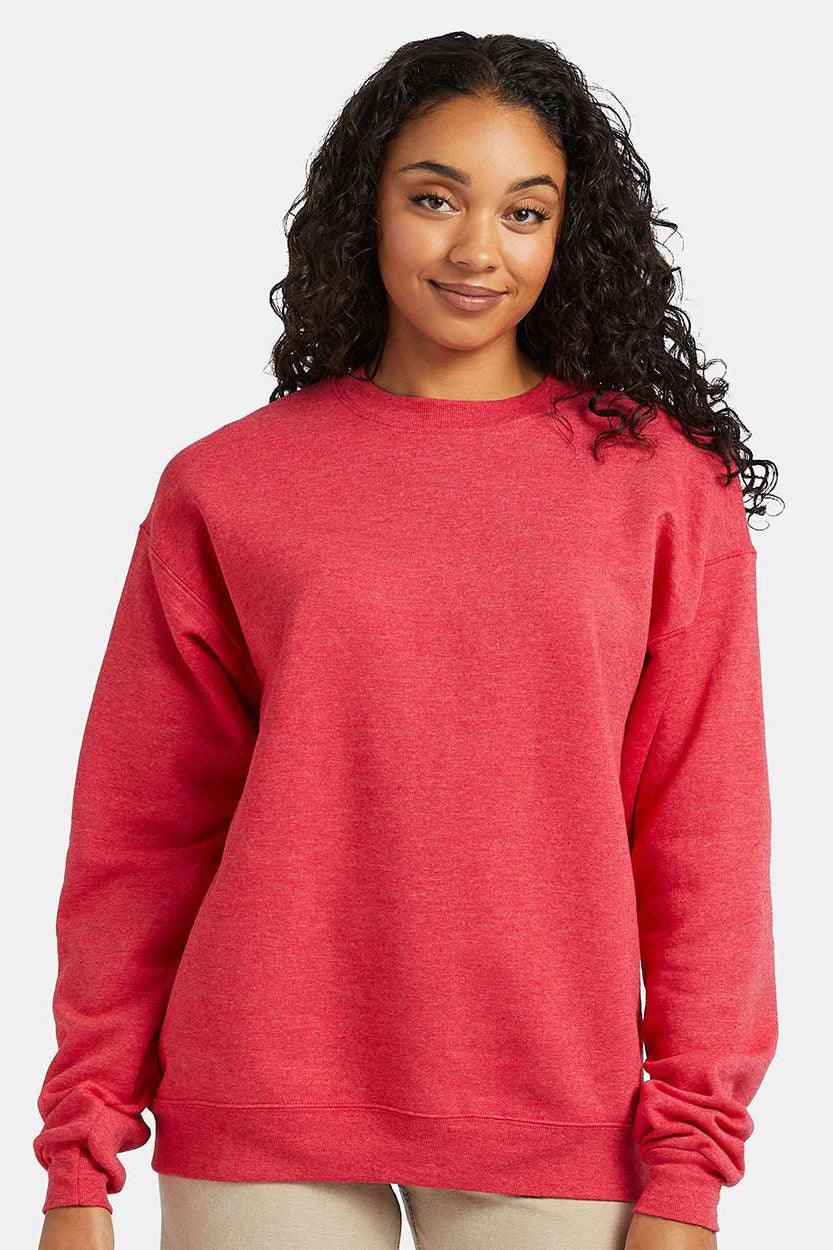 Hanes P160/P1607 Mens EcoSmart Print Pro XP Pill Resistant Fleece Crewneck Sweatshirt Heather Red Model Front